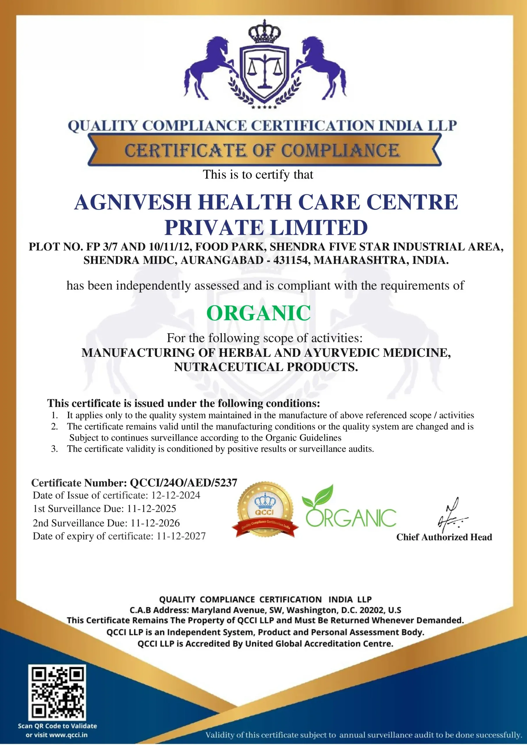 QCCI Organic Compliance Certificate